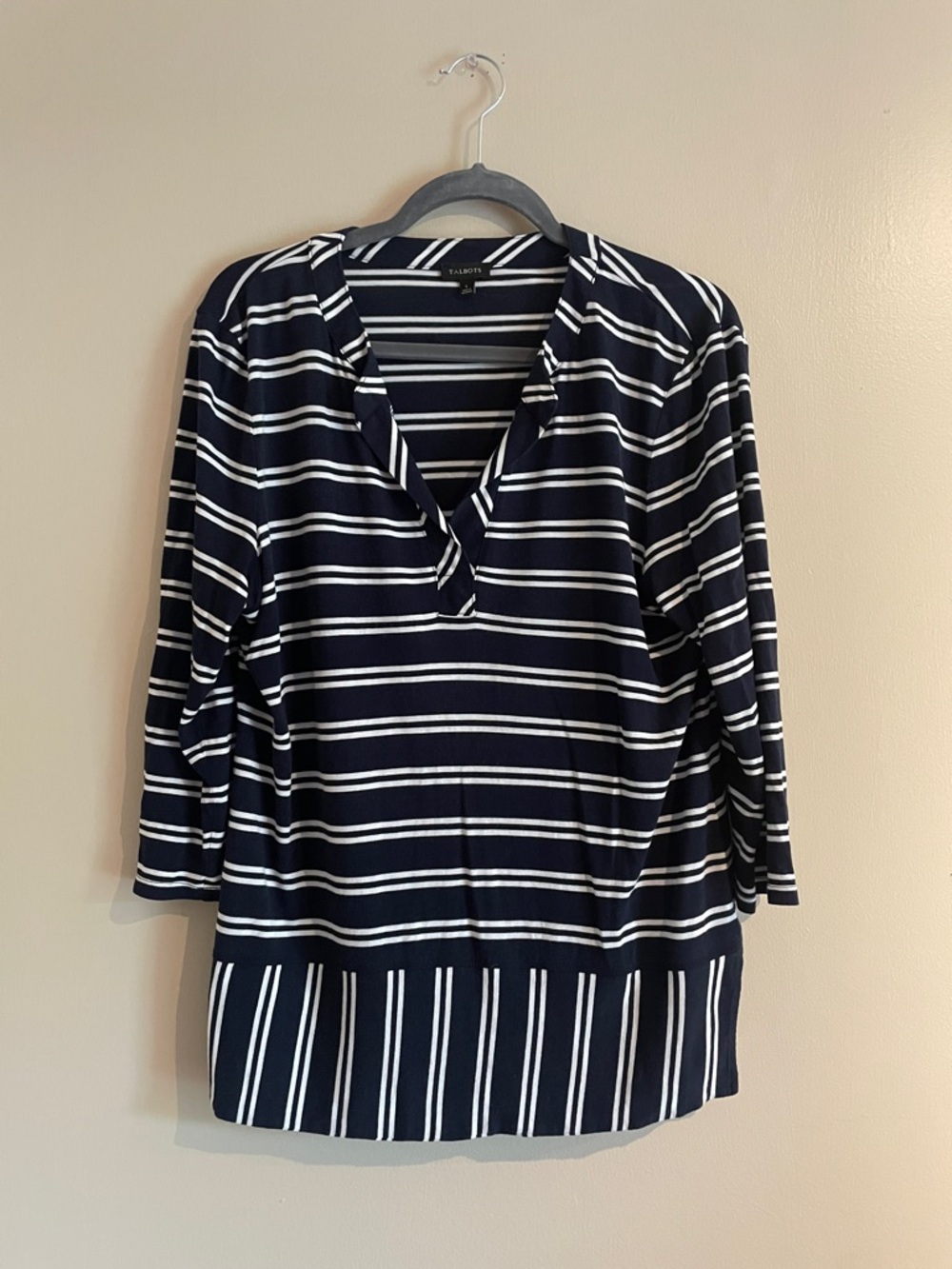 Talbots Navy & White Striped V-Neck Tunic Stretch Top